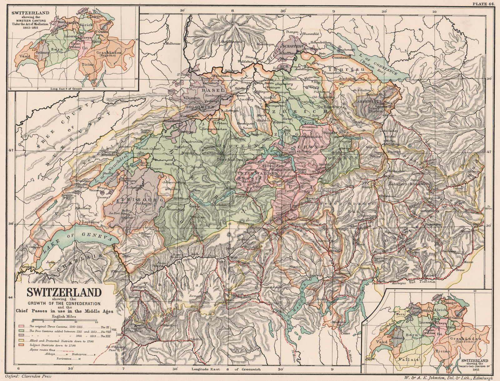 GROWTH OF SWITZERLAND.Medieval passes used.19/22 cantons Mediation 1815 1902 map